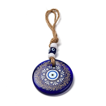 Flat Round with Evil Eye Lampwork Pendant Decoration, Resin Beads and Hemp Rope Hanging Ornaments, Dark Blue, 210~235mm