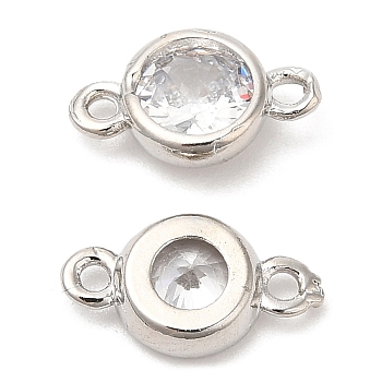 Eco-Friendly Rack Plating Brass Pave Clear Cubic Zirconia Connector Charms, Long-Lasting Plated, Lead Free & Cadmium Free, Flat Round, Platinum, 6x10.5~11x3mm, Hole: 1.2mm