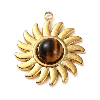 Natural Tiger Eye Sun Pendants, Golden Plated 304 Stainless Steel Sun Charms, 19.5x17x4.5mm, Hole: 1.6mm