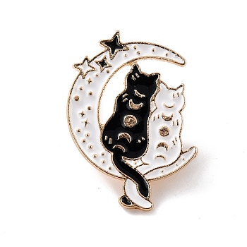 Moon Star Cats Enamel Pin, Cute Alloy Enamel Brooch for Backpacks Clothes, Light Gold, White, 31.5x22x9.5mm