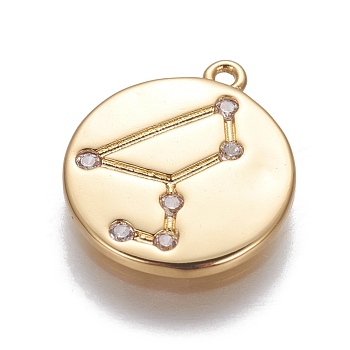 Brass Cubic Zirconia Pendants, Flat Round with Constellation, Golden, Clear, Leo, 16x14x1.5mm, Hole: 1mm