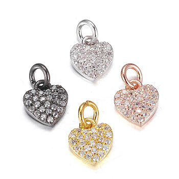 Brass Micro Pave Cubic Zirconia Charms, Heart, Mixed Color, 9x8x2mm, Hole: 3mm