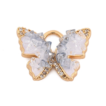 Natural Quartz Crystal Rock Crystal Pendants, Brass Pave Clear Cubic Zirconia with Enamel Butterfly Charms, Real 18K Gold Plated, 15x20x4.5mm, Hole: 5x4mm