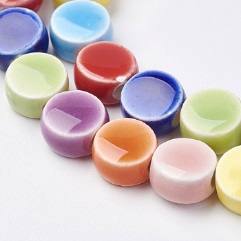 Handmade Porcelain Beads, Bright Glazed Porcelain, Flat Round, Mixed Color, 8~9x5mm, Hole: 2mm, about 40pc/strand, 12.56 inch(31.9cm)