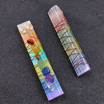 Chakra Jewelry, Natural Selenite Home Decorations, Brass Wire Wrapped Natural Gemstone Display Decorations, Rectangle, Colorful, 70~90x12~16mm