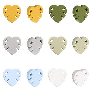 12Pcs 6 Colors Food Grade Eco-Friendly Silicone Beads, Chewing Beads For Teethers, DIY Nursing Necklaces Making, Monstera Leaf, Mixed Color, 35x35.5x8mm, Hole: 2.5mm, 2pcs/color
