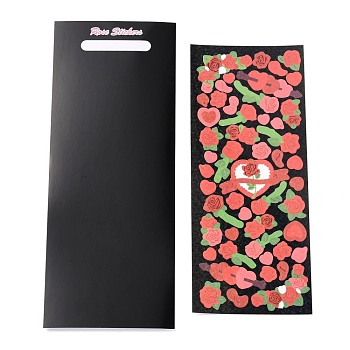 Laser Paper Self Adhesive Stickers, Rectangle with Rose Pattern, Red, 19.5x7.6x0.02cm, Stickers: 17x7x0.02cm