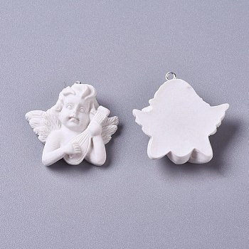 Resin Pendants, with Platinum Plated Iron Screw Eye Pin Peg Bails, Angel, White, 32.5x32x10.5mm, Hole: 1.5mm