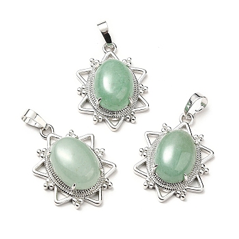 Natural Green Aventurine Pendants, Flower Charms, with Platinum Tone Brass Findings, Cadmium Free & Lead Free, 32x23x9.5~10.5mm, Hole: 7x5mm