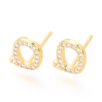 Brass Micro Pave Clear Cubic Zirconia Stud Earrings, Greek Alphabet, Real 18k Gold Plated, Letter.S, 8x8x1.7mm, Pin: 0.9mm