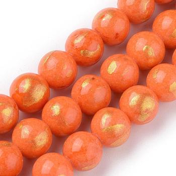 Natural Jade Beads Strands, with Gold Foil, Dyed, Round, Coral, 8mm, Hole: 1mm, about 50pcs/strand, 15.75 inch(40cm)