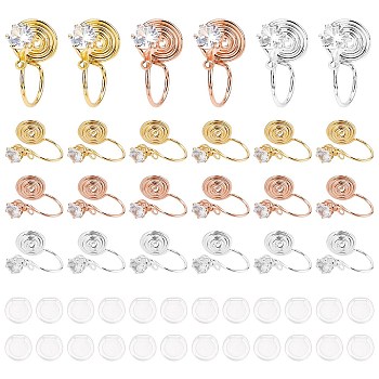 Elite 24Pcs 3 Color Brass Micro Pave Cubic Zirconia Clip-on Earrings Finding, with 24Pcs Comfort Silicone Pads, Long-Lasting Plated, Mixed Color, 13.5x11x7.5mm, Hole: 0.9~1mm, 8pcs/set