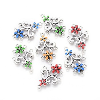 Alloy Chandelier Component Links, Cadmium Free & Lead Free, Enamel Style, Flower, Antique Silver, Mixed Color, 34x22x3mm, Hole: 2mm