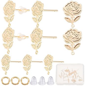 30Pcs Brass Stud Earring Findings, with Horizontal Loops, Rose Flower, with 30Pcs Open Jump Rings & 100Pcs Plastic Ear Nuts, Real 18K Gold Plated, 12x9mm, Hole: 1mm, Pin: 0.6mm