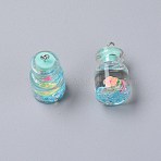 Wish Glass Bottle Pendants, with Resin & Polymer Clay & Flower & Stopper and Platinum Iron Peg Bails, Light Sky Blue, 29x15mm, Hole: 2mm(RESI-TAC0007-05B)