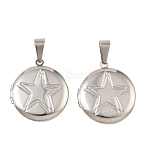 316 Stainless Steel Locket Pendants, Flat Round with Star Charm, with 304 Stainless Steel Snap on Bails, Stainless Steel Color, 30.5x27.5x5.5mm, Hole: 10.5x4.5mm, Inner Diameter: 20.5mm(STAS-K321-17P)