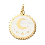 304 Stainless Steel Pendants, with Floral White Enamel, Flat Round with Moon Charms, Golden, 17x15x1.5mm, Hole: 4x2mm(SA-CBA2C9D-01G)