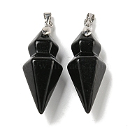 Natural Obsidian Pointed Pendants, Faceted Bullet Shaped Charms with Rack Plating Brass Snap on Bails, Platinum, Cadmium Free & Lead Free, 43x14mm, Hole: 4x5mm(G-F766-08AS-05)