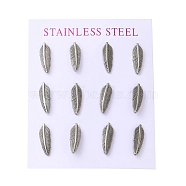 Stainless Steel Feather Stud Earrings, with Rhinestone, Stainless Steel Color, 15.5x5.5mm(EJEW-C099-11P)