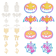 24Pcs 12 Style 201/304 Stainless Steel Pendants, Laser Cut, for Halloween, Fox & Bat & Spider and Web, Mixed Color, 12~37.5x7.5~33.5x0.3~1.1mm, Hole: 1~1.4mm, 2pcs/style(STAS-UN0045-30)