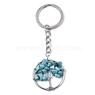Natural Howlite Chips Chakra Keychain, Dyed & Heated, with Platinum Plated Stainless Steel Split Key Rings, Flat Round with Tree, 90mm(G-N0326-003E)