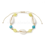 8mm Round Synthetic Turquoise & Natural Mashan Jade Braided Bead Bracelets, Summer Beach Cowrie Shell Adjustable Bracelets for Women Men, Inner Diameter: 1-3/4~3-5/8 inch(4.5~9.1cm)(BJEW-JB10376)