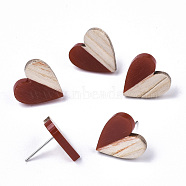 Resin & Wood Stud Earrings, with 304 Stainless Steel Pin, Heart, Brown, 15x14~15mm, Pin: 0.7mm(EJEW-N017-002A-C02)