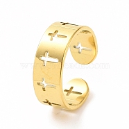 Ion Plating(IP) 304 Stainless Steel Hollow Out Cross Open Cuff Ring for Women, Golden, US Size 6(16.5mm)(RJEW-C053-02G)