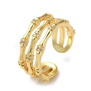 Rack Plating Brass Cubic Zirconia Open Cuff Rings, Bamboo, Cadmium Free & Lead Free, Real 18K Gold Plated, Inner Diameter: 17.2mm(RJEW-K249-18G)