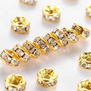 Brass Grade A Rhinestone Spacer Beads, Golden Plated, Rondelle, Nickel Free, Crystal, 7x3.2mm, Hole: 1.2mm(RSB037NF-01G)