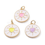 Real 18K Gold Plated Brass Enamel Pendants, Long-Lasting Plated, With Jump Rings, Flat Round with Heart, Mixed Color, 18x16x1.5mm, Hole: 3mm, Jump Ring: 5x1mm(ZIRC-Z008-11)