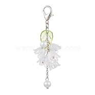 Acrylic Pendant Decorations, with Glass Imitation Pearl Beads and Alloy Lobster Claw Clasps, Flower with Leaf, Clear, 70mm(HJEW-JM01780-01)