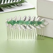 Leaf Natural Green Aventurine Chips Hair Combs, with Iron Combs, Hair Accessories for Women Girls, 45x80x10mm(PW-WG12843-06)