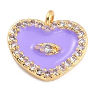 Golden Plated Brass Micro Pave Clear Cubic Zirconia Charms, with Enamel, Long-Lasting Plated, Heart with Eye, Lilac, 11x11.5x2.5mm, Hole: 1.2mm(ZIRC-L097-033E-G)