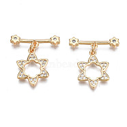 Brass Micro Pave Clear Cubic Zirconia Toggle Clasps, Nickel Free, Flower, Real 18K Gold Plated, Flower: 16.5x12.5x1.5mm, Bar: 20x5.5x2.5mm, Jump Ring: 5x1mm, 3mm inner diameter(KK-Q278-012-NF)