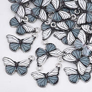 Printed Alloy Pendants, with Enamel, Butterfly, Platinum, White, 13x20x2mm, Hole: 1.6mm(PALLOY-R111-13A)