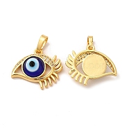 Rack Plating Brass Micro Pave Clear Cubic Zirconia Pendants, with Handmade Evil Eye Lampwork, Cadmium Free & Lead Free, Long-Lasting Real 18K Gold Plated, Eye Charm, Dark Blue, 17x19.5x5mm, Hole: 6x3mm(LAMP-A153-02G-05)