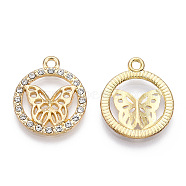 Alloy Pendants, with Crystal Rhinestone, Cadmium Free & Lead Free, Flat Round with Butterfly, Light Gold, 20.5x17.5x2mm, Hole: 1.8mm(PALLOY-T087-08KC)