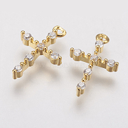 Brass Micro Pave Cubic Zirconia Charms, Cross, Golden, 13.5x9x2.5mm, Hole: 1mm(X-ZIRC-G133-07G)