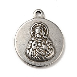 Tibetan Style 304 Stainless Steel Pendants, Flat Round with Priest Pattern Charms, Religion Theme, Antique Silver, 24x20x3mm, Hole: 1.6mm(STAS-G278-17AS)