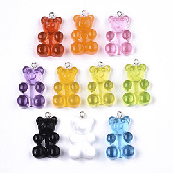 Transparent Resin Pendants, with Iron Loop, Platinum, Bear, Mixed Color, 31~32x18x8~9mm, Hole: 2mm(X-CRES-N022-129)