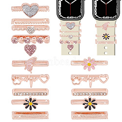 Elite 15Pcs 15 Style Heart & Flower & Word & Butterfly Crystal Rhinestone Watch Band Charms Set, Alloy Watch Band Decorative Ring Loops, Rose Gold, 2~2.45x0.3~1.1x0.6~0.7cm, 1Pc/style(FIND-PH0007-69)