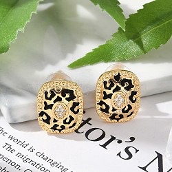 Brass Micro Pave Clear Cubic Zirconia Stud Earrings, with Enamel, with S925 Sterling Silver Pins, Rectangle with Leopard Pattern, Real 18K Gold Plated, 16.5x13.5mm(EJEW-P301-06G)