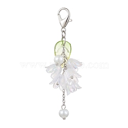 Acrylic Pendant Decorations, with Glass Imitation Pearl Beads and Alloy Lobster Claw Clasps, Flower with Leaf, Clear, 70mm(HJEW-JM01780-01)