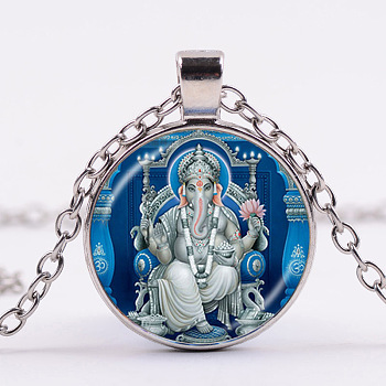 Ganesha Glass Pendant Necklace with Alloy Cable Chains, Platinum, 19.69 inch(50cm)