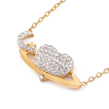 Crystal Rhinestone Heart Planet Pendant Necklace, Ion Plating(IP) 304 Stainless Steel Jewelry for Women, Golden, 17.13 inch(43.5cm)