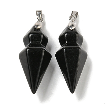 Natural Obsidian Pointed Pendants, Faceted Bullet Shaped Charms with Rack Plating Brass Snap on Bails, Platinum, Cadmium Free & Lead Free, 43x14mm, Hole: 4x5mm