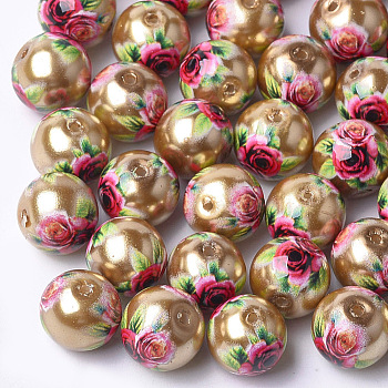 Printed & Spray Painted Imitation Pearl Glass Beads, Round with Flower Pattern, Goldenrod, 10~10.5x9.5mm, Hole: 1.6mm