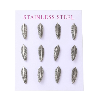 Stainless Steel Feather Stud Earrings, with Rhinestone, Stainless Steel Color, 15.5x5.5mm