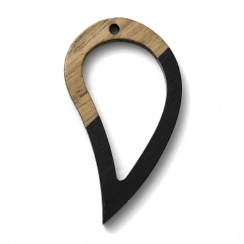 Opaque Resin & Wood Pendants, Teardrop Charm, Black, 37x22x3mm, Hole: 1.6mm